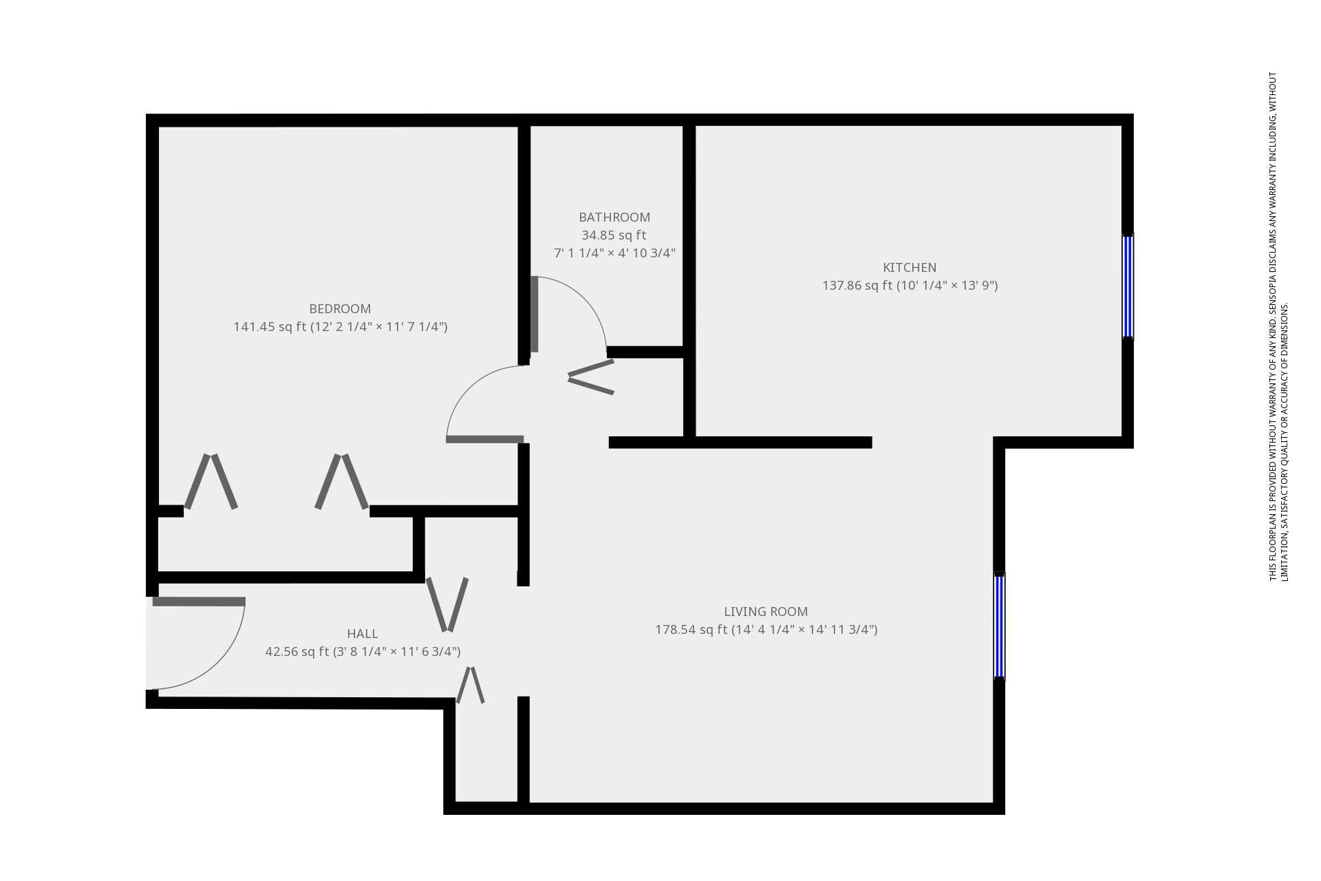 A floor plan of a house with a living room, kitchen, bathroom and bedroom.